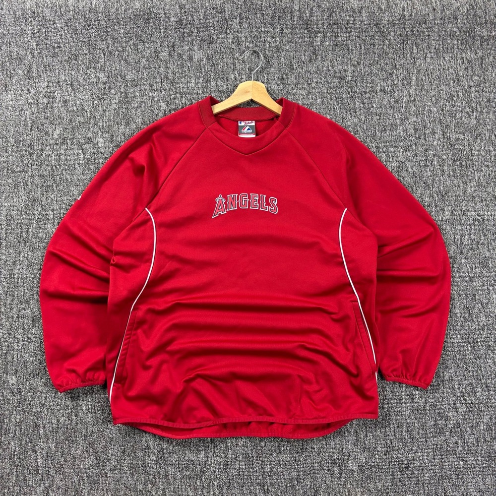 Y2K Majestic MLB Los Angeles Angels Red BP Warmup Therma Base V-Neck Pullover XL